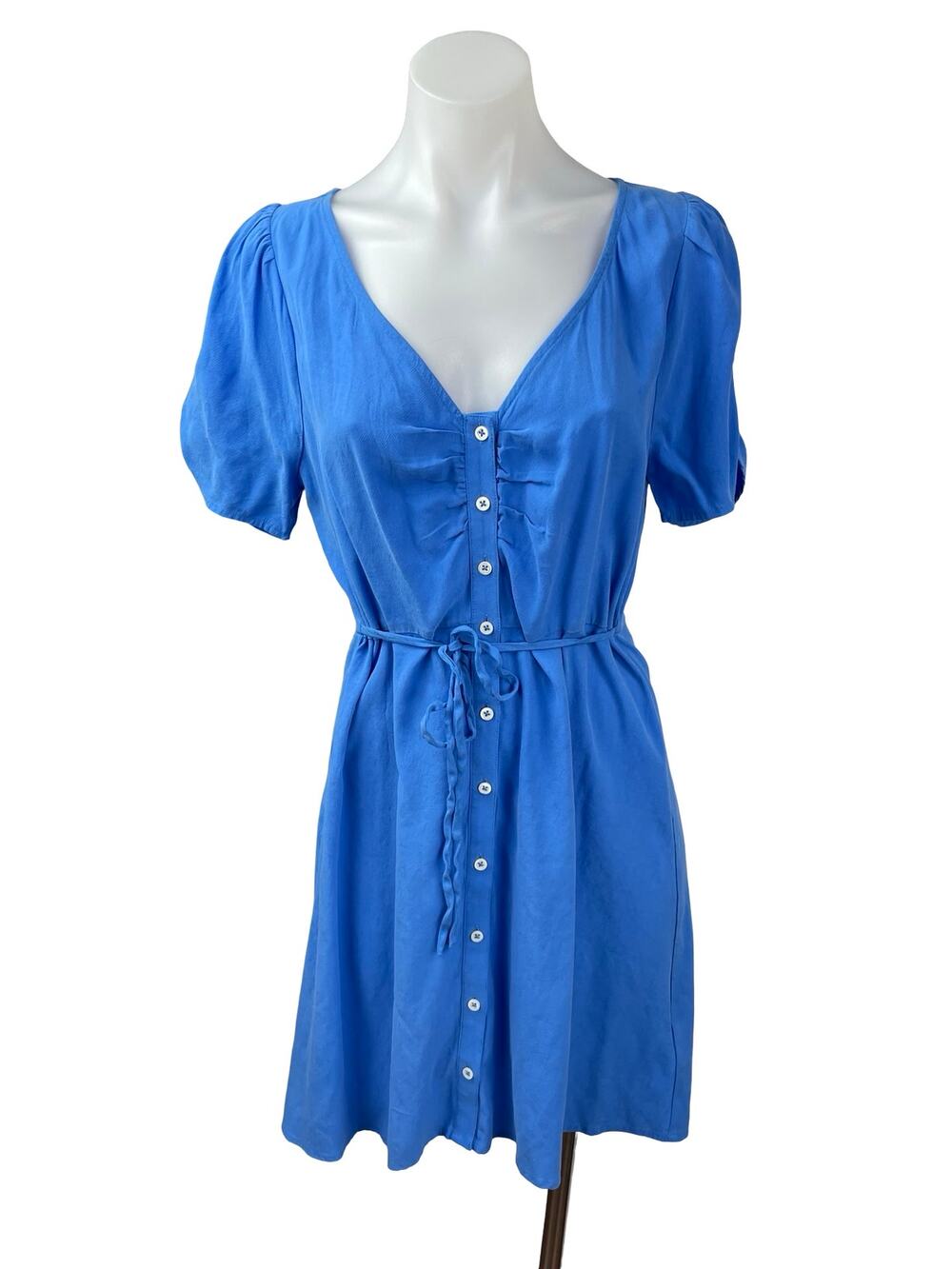 Madewell Blue Short Puff Sleeve Button Down Tie Waist V Neck A Line Mini Dress 4